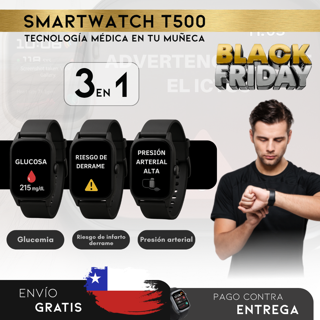 BLACK FRIDAY SmartWatch T500 - Monitor Médico 3 en 1 (Glucosa, Presión, Riesgo de ACV) | Menú en español
